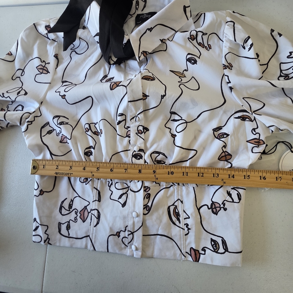 Milk & Honey Tie Neck Shirt XL Faces Print Button-up Top Long Sleeve Artsy NEW - Picture 7 of 13